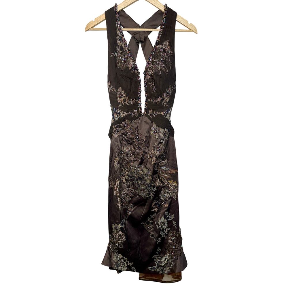 NWT Mandalay Brown Silk Beaded Lace Mermaid Evening Gown Cocktail Dress Size 8